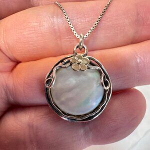 Didae Sterling Silver 14k Gold Israel Button Pearl 14k Flower Pendant 18" Chain